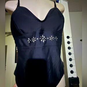 Women's Tankini Top with Gem Detail - Black with Silver, M